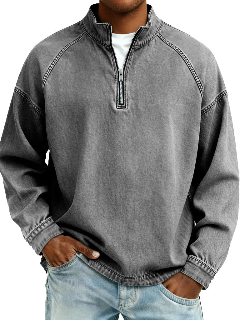S-4XL Solid Color Half Zip Wash Pure Cotton Collar Sweater