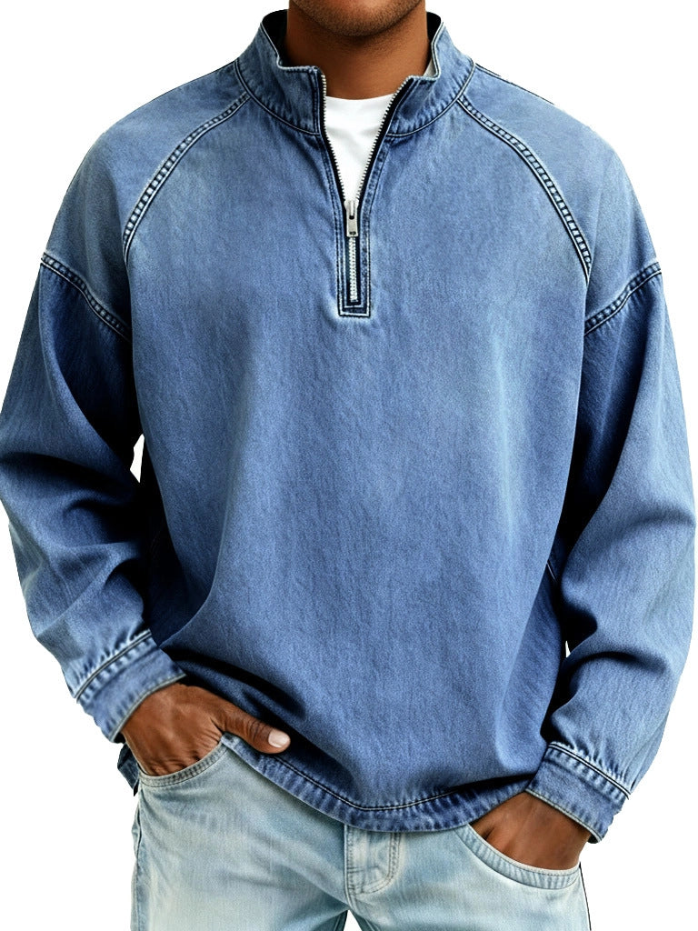 S-4XL Solid Color Half Zip Wash Pure Cotton Collar Sweater