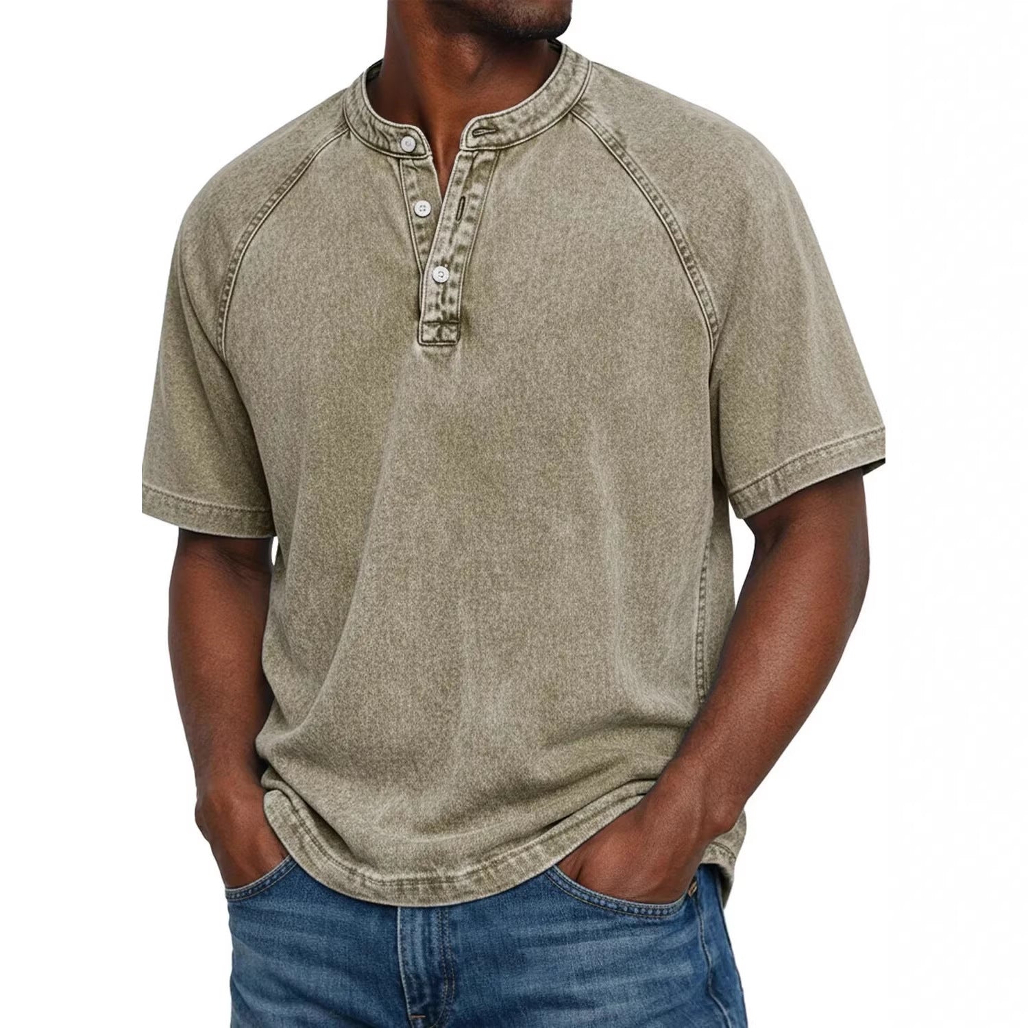 S-4XL Solid Color Washed Cotton Henry Neck Short Sleeve