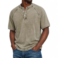 S-4XL Solid Color Washed Cotton Henry Neck Short Sleeve