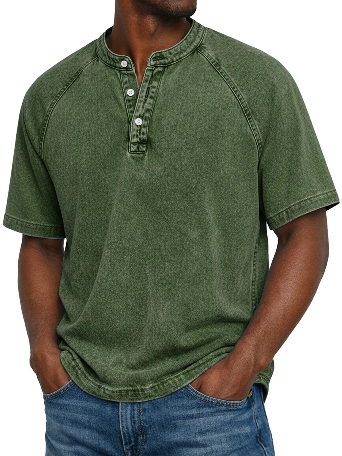 S-4XL Solid Color Washed Cotton Henry Neck Short Sleeve