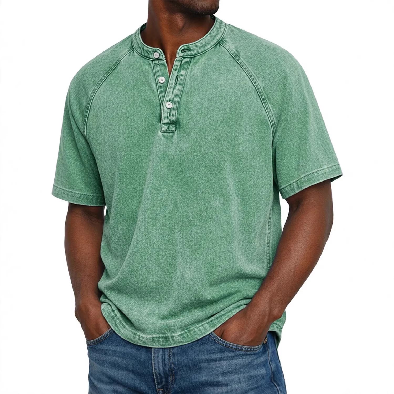 S-4XL Solid Color Washed Cotton Henry Neck Short Sleeve