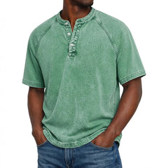 S-4XL Solid Color Washed Cotton Henry Neck Short Sleeve