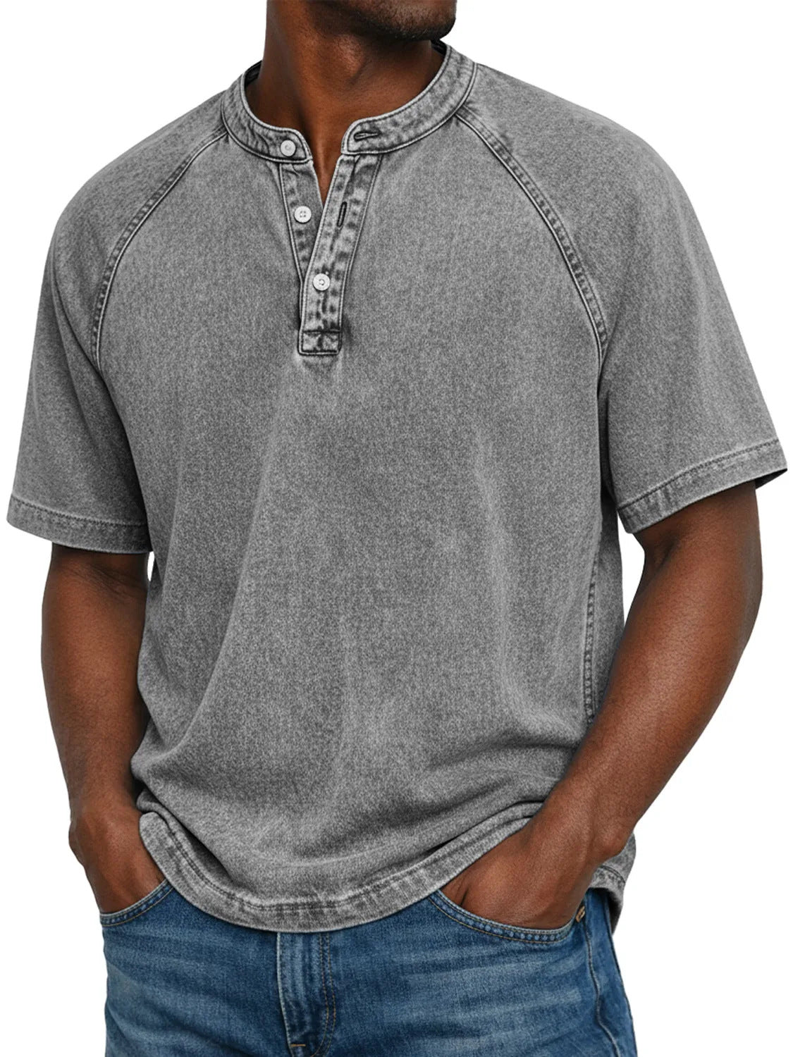S-4XL Solid Color Washed Cotton Henry Neck Short Sleeve