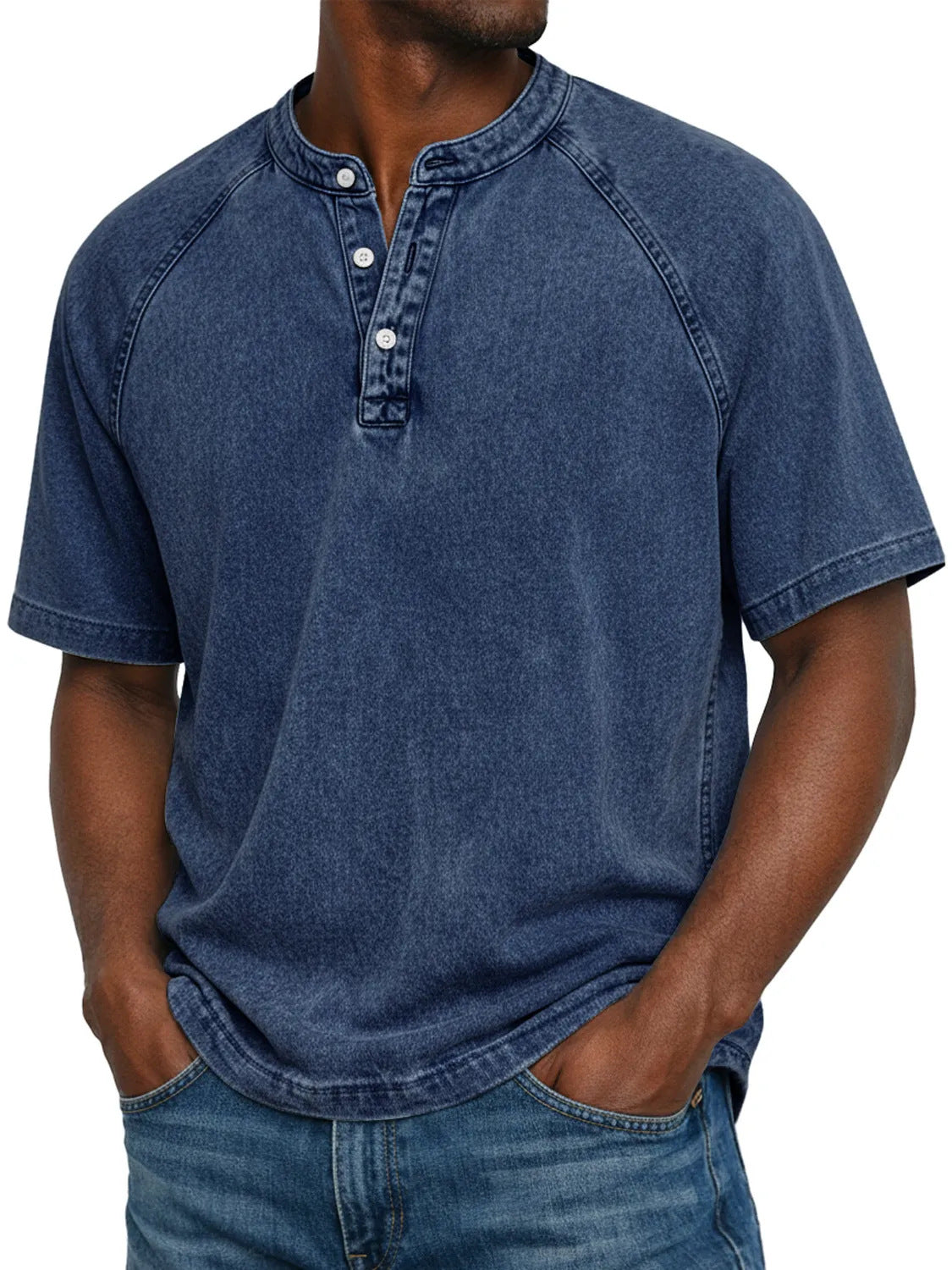 S-4XL Solid Color Washed Cotton Henry Neck Short Sleeve