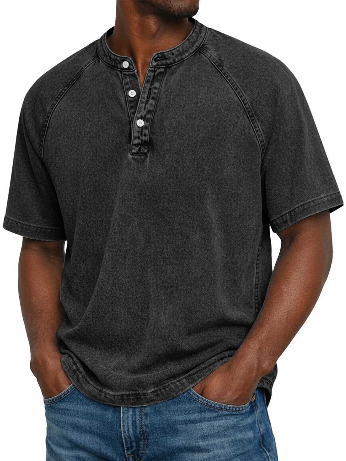 S-4XL Solid Color Washed Cotton Henry Neck Short Sleeve
