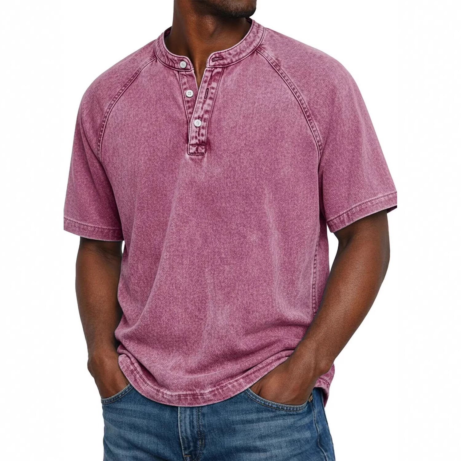 S-4XL Solid Color Washed Cotton Henry Neck Short Sleeve