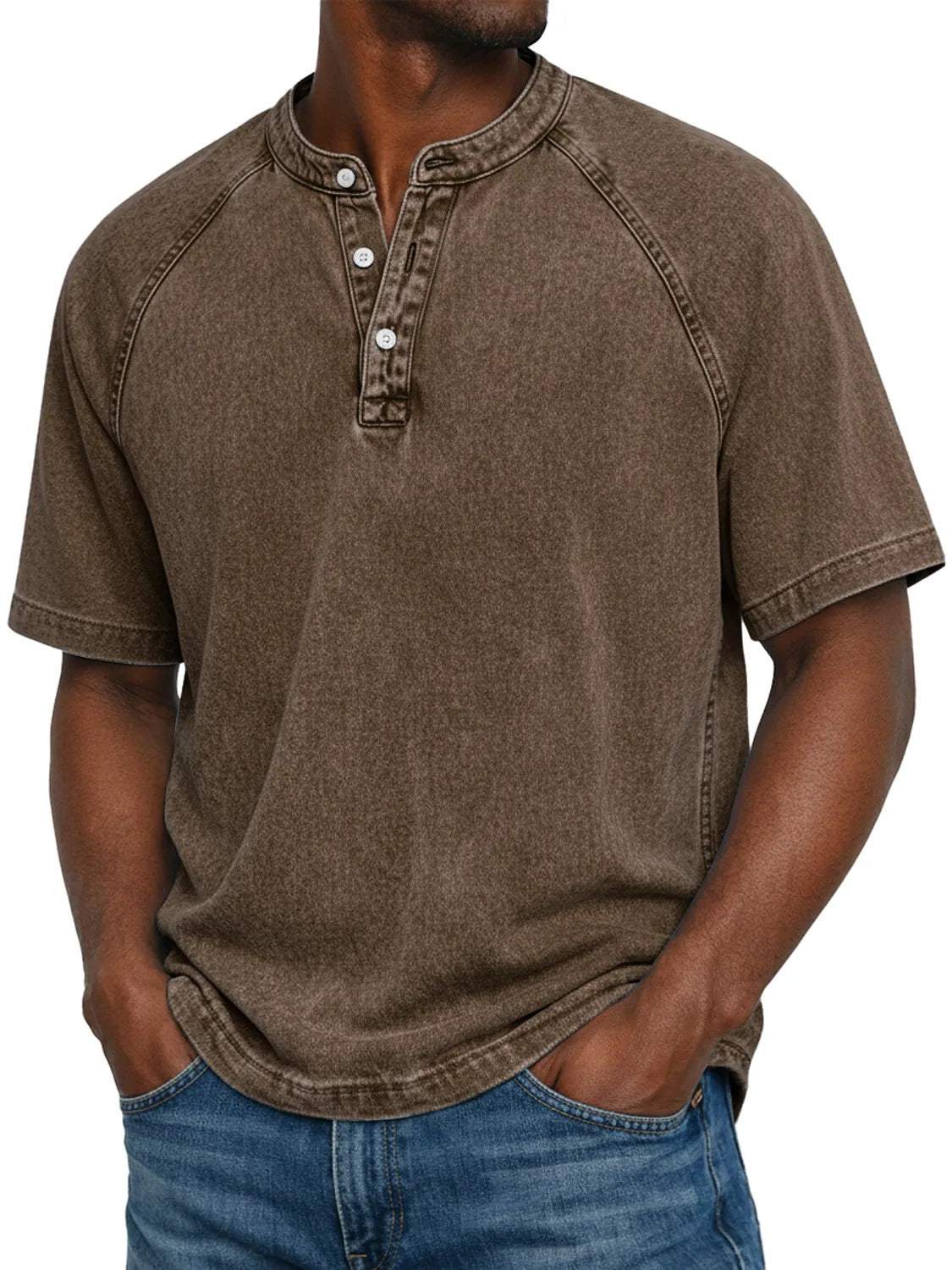 S-4XL Solid Color Washed Cotton Henry Neck Short Sleeve