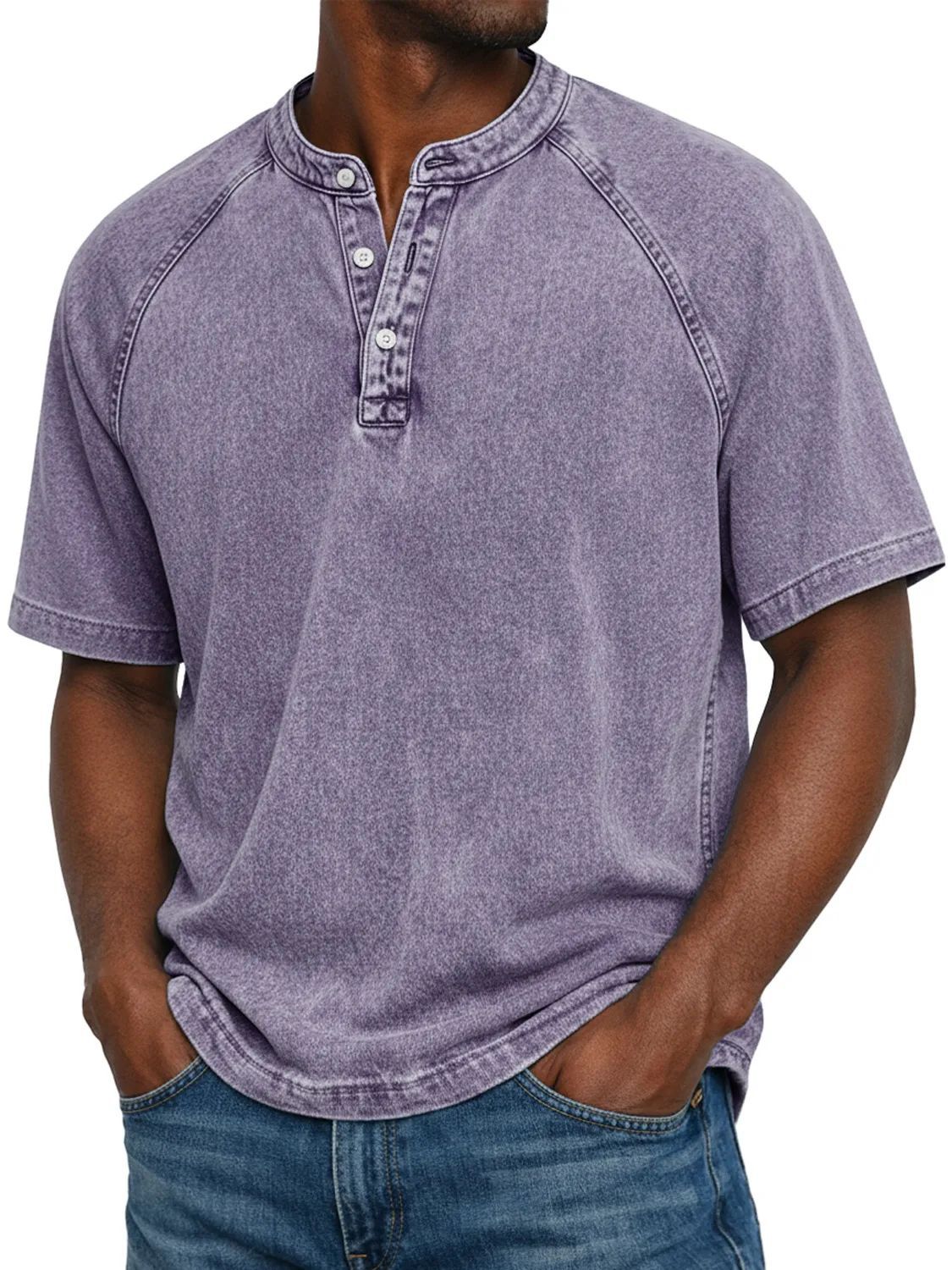 S-4XL Solid Color Washed Cotton Henry Neck Short Sleeve