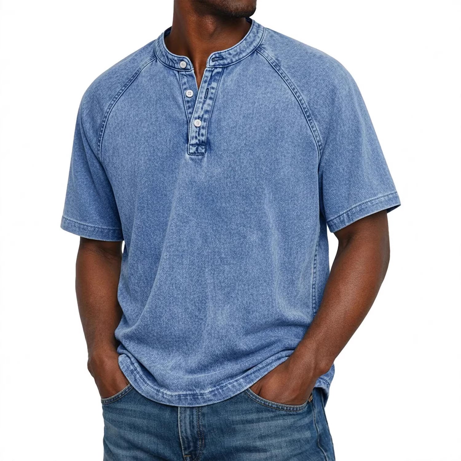 S-4XL Solid Color Washed Cotton Henry Neck Short Sleeve