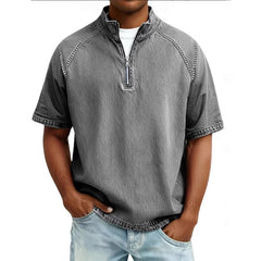 S-4XL Solid Color American Style Wash Pure Cotton Half Zip Short Sleeve Polo Shirt