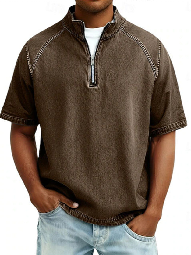 S-4XL Solid Color American Style Wash Pure Cotton Half Zip Short Sleeve Polo Shirt