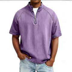 S-4XL Solid Color American Style Wash Pure Cotton Half Zip Short Sleeve Polo Shirt