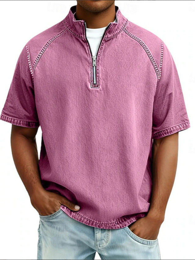 S-4XL Solid Color American Style Wash Pure Cotton Half Zip Short Sleeve Polo Shirt