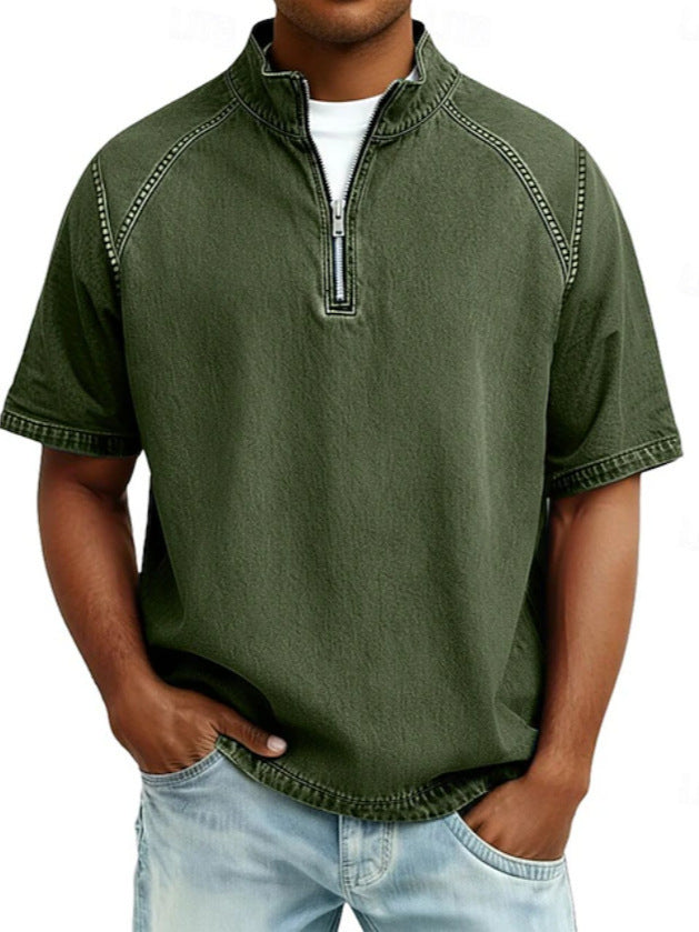 S-4XL Solid Color American Style Wash Pure Cotton Half Zip Short Sleeve Polo Shirt