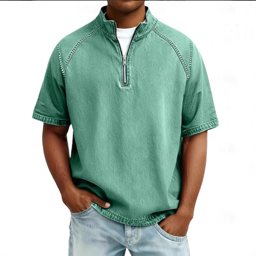 S-4XL Solid Color American Style Wash Pure Cotton Half Zip Short Sleeve Polo Shirt
