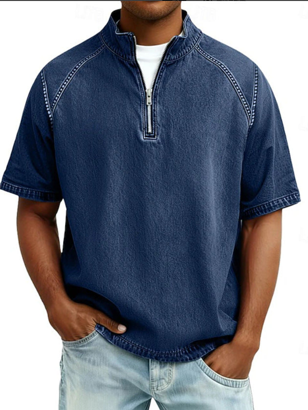 S-4XL Solid Color American Style Wash Pure Cotton Half Zip Short Sleeve Polo Shirt