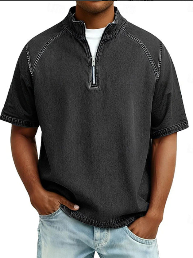 S-4XL Solid Color American Style Wash Pure Cotton Half Zip Short Sleeve Polo Shirt