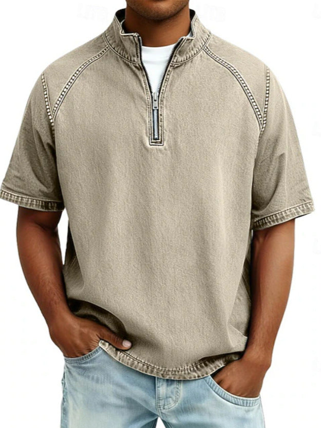 S-4XL Solid Color American Style Wash Pure Cotton Half Zip Short Sleeve Polo Shirt