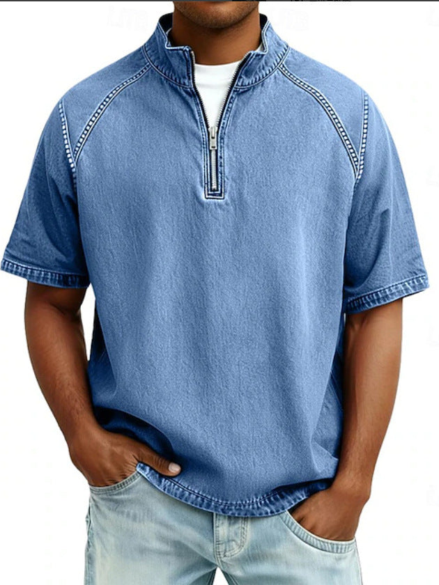 S-4XL Solid Color American Style Wash Pure Cotton Half Zip Short Sleeve Polo Shirt