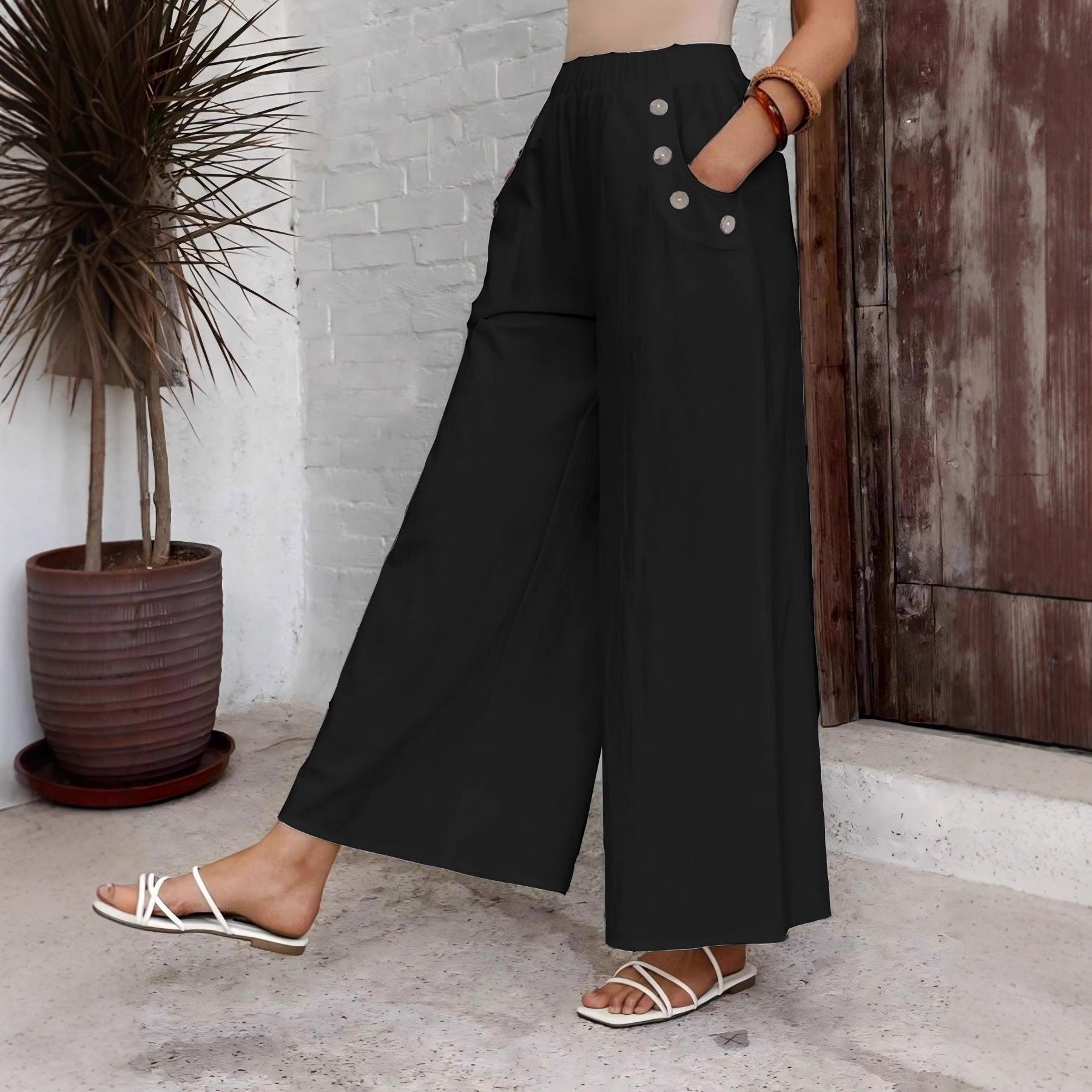 Women's XL-5XL Plus Size Loose Solid Color Pocket Wide Leg Pants