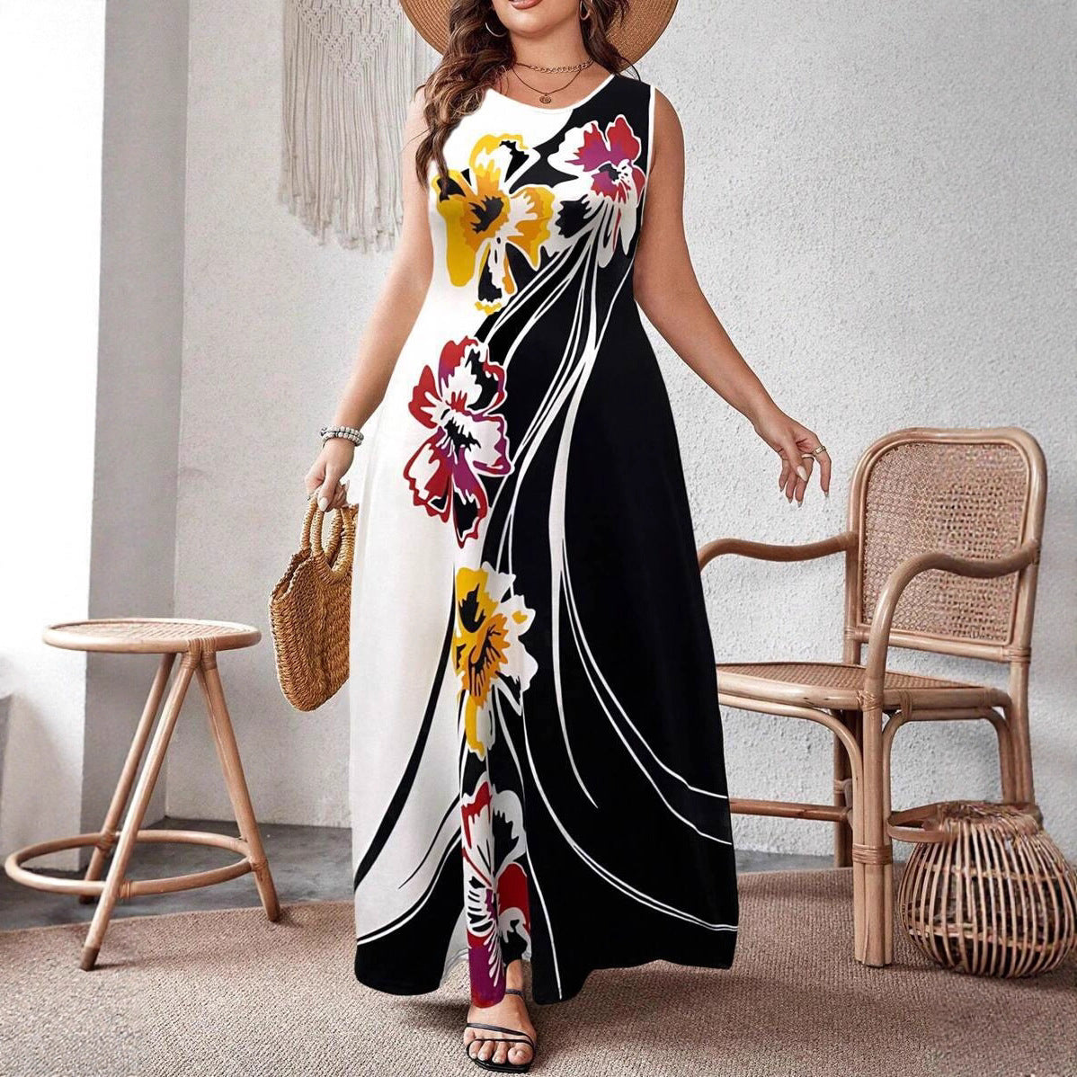 XL-5XL Plus Size Women's Bohemian Floral Sleeveless Long Dress