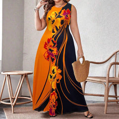 XL-5XL Plus Size Women's Bohemian Floral Sleeveless Long Dress