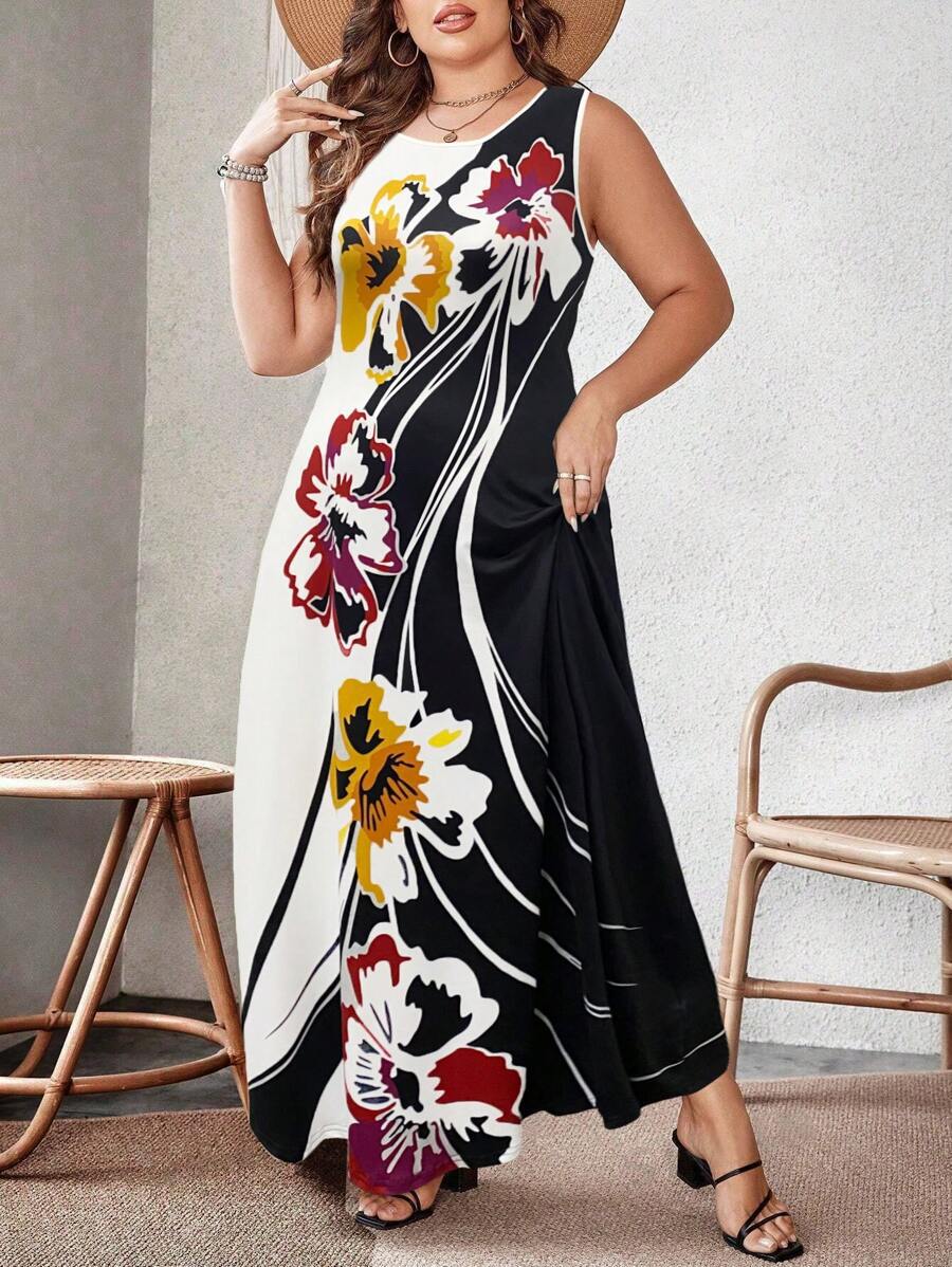 XL-5XL Plus Size Women's Bohemian Floral Sleeveless Long Dress