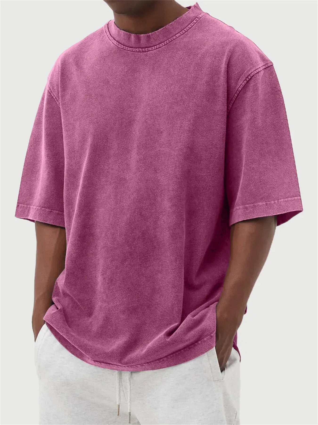 S-5XL Men's Wash Water Old Solid Color Pullover T-shirt