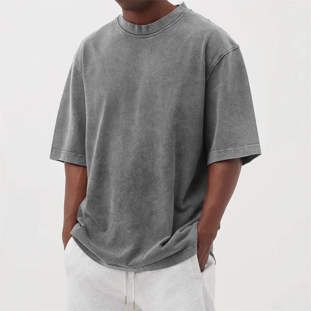 S-5XL Men's Wash Water Old Solid Color Pullover T-shirt