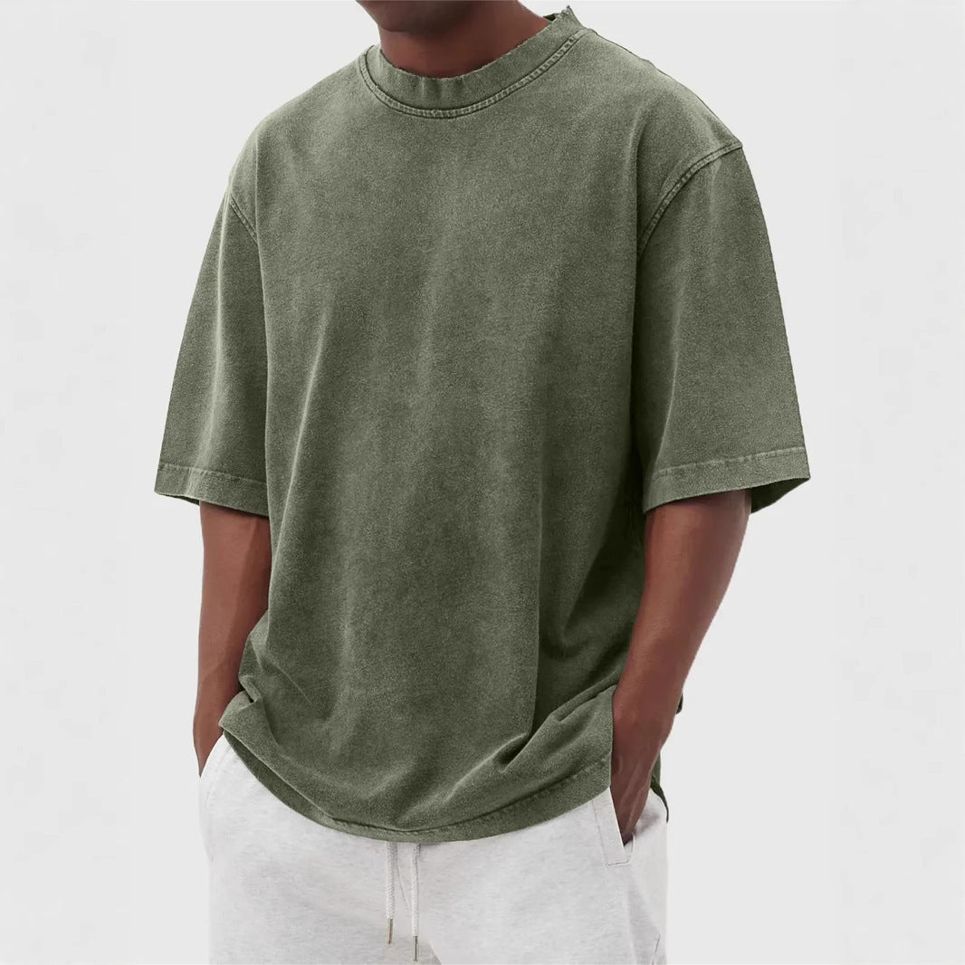 S-5XL Men's Wash Water Old Solid Color Pullover T-shirt