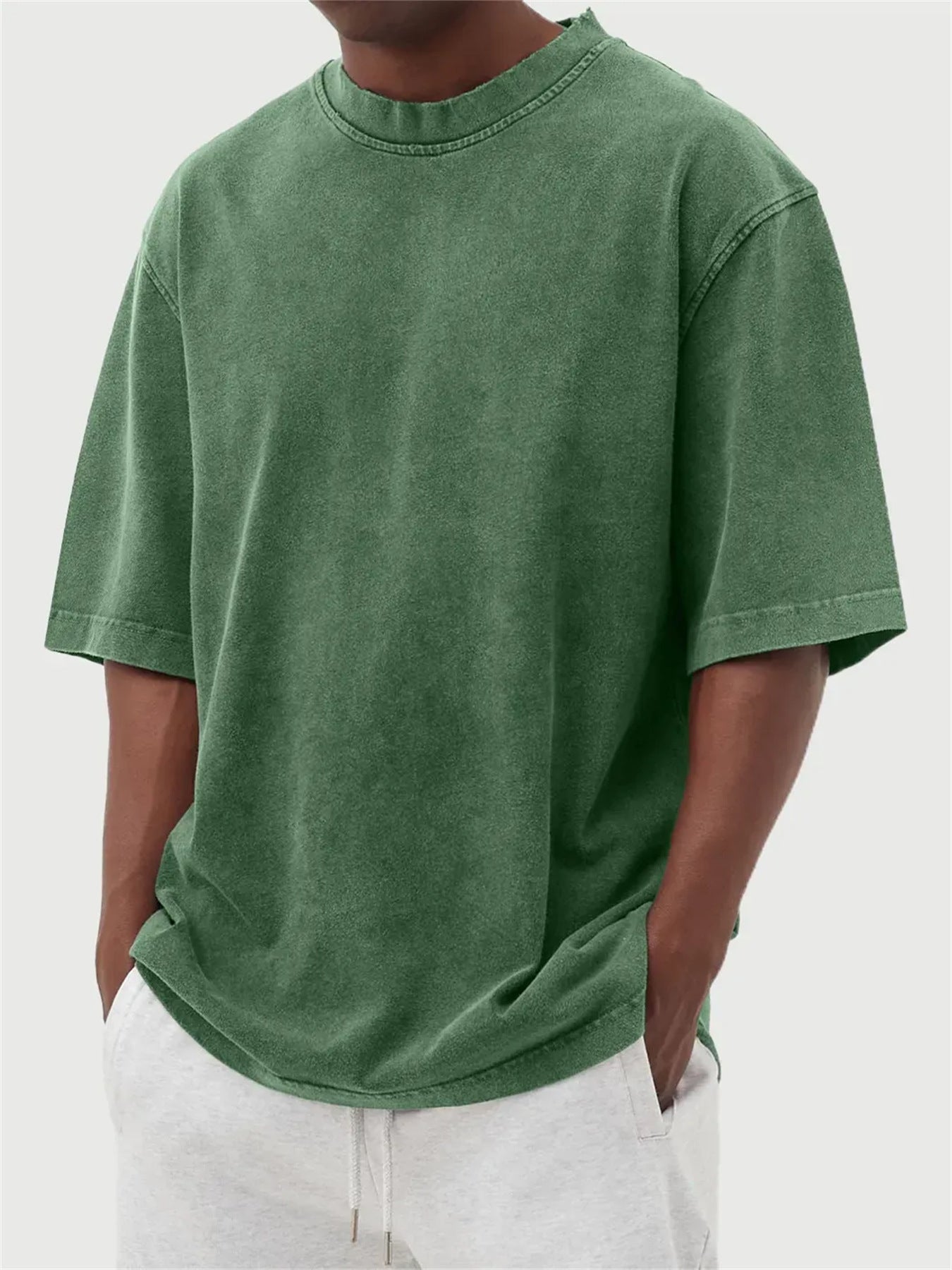 S-5XL Men's Wash Water Old Solid Color Pullover T-shirt