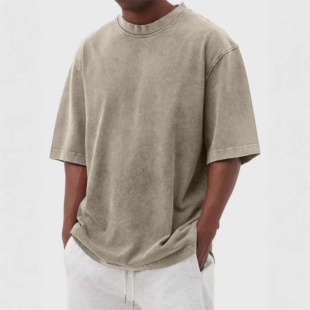 S-5XL Men's Wash Water Old Solid Color Pullover T-shirt