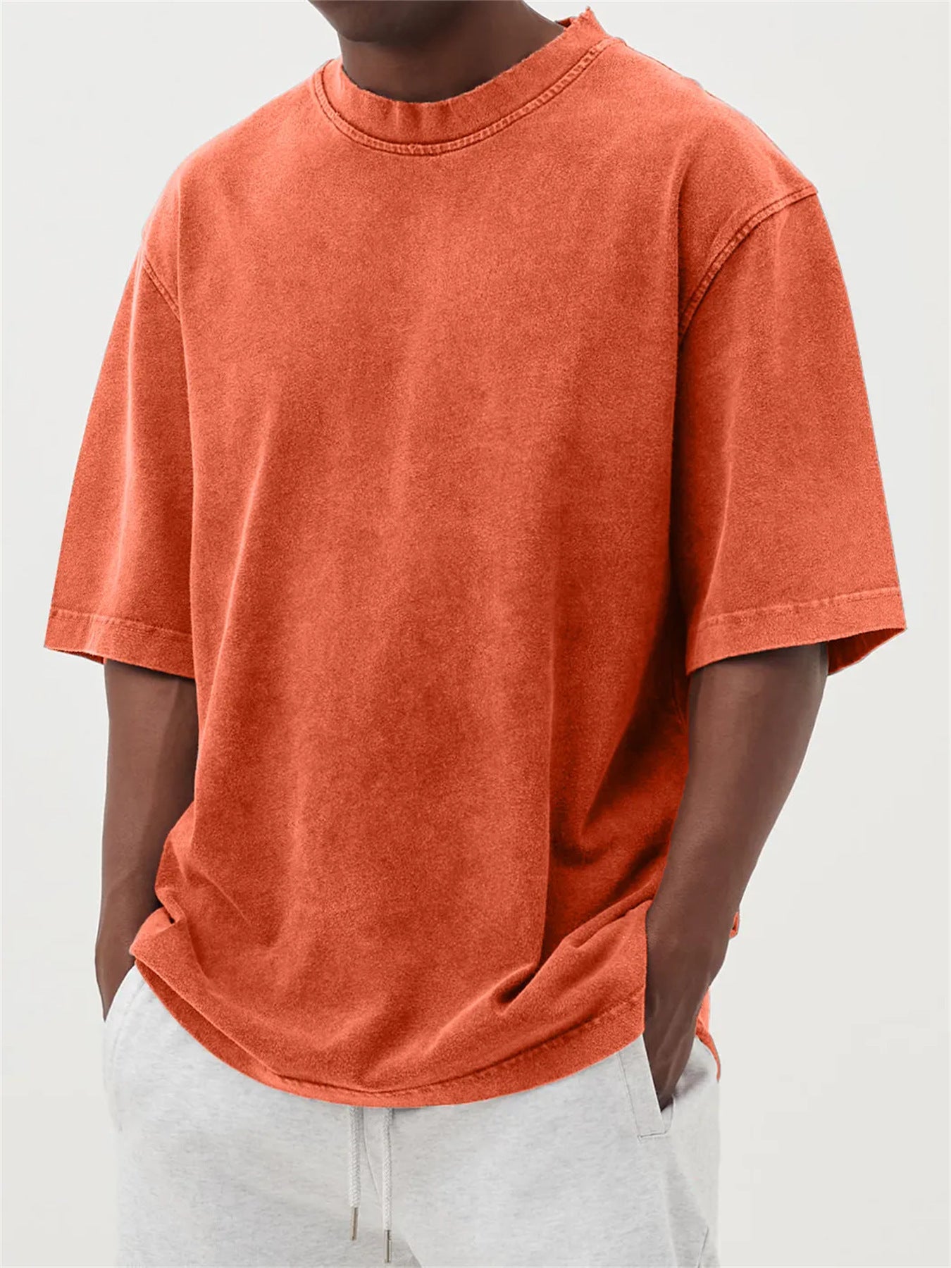 S-5XL Men's Wash Water Old Solid Color Pullover T-shirt