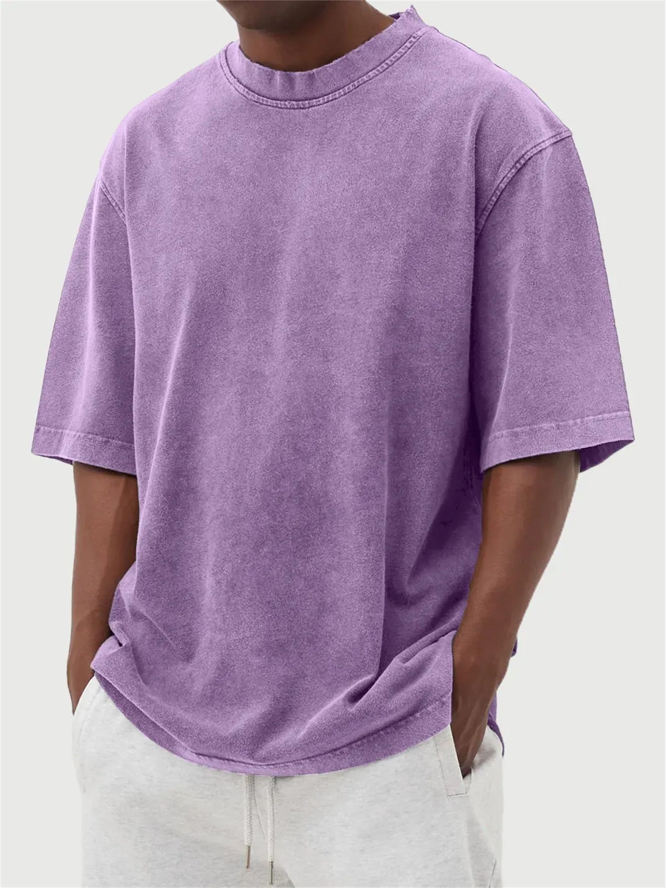 S-5XL Men's Wash Water Old Solid Color Pullover T-shirt