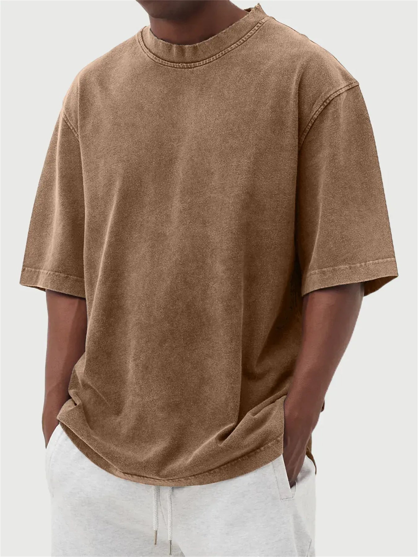 S-5XL Men's Wash Water Old Solid Color Pullover T-shirt