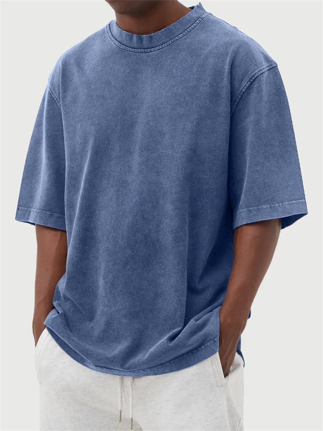 S-5XL Men's Wash Water Old Solid Color Pullover T-shirt
