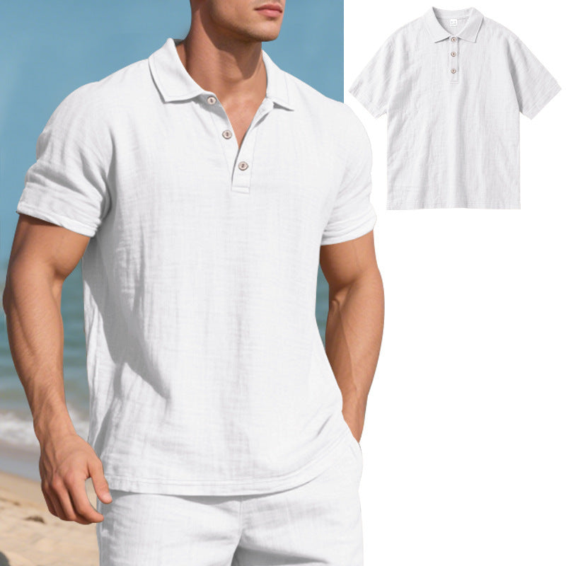 S-3XL Solid Color Linen Casual Lasel Buckle Polo Shirt Short Sleeve