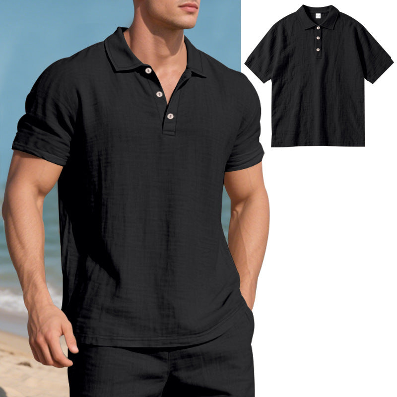 S-3XL Solid Color Linen Casual Lasel Buckle Polo Shirt Short Sleeve
