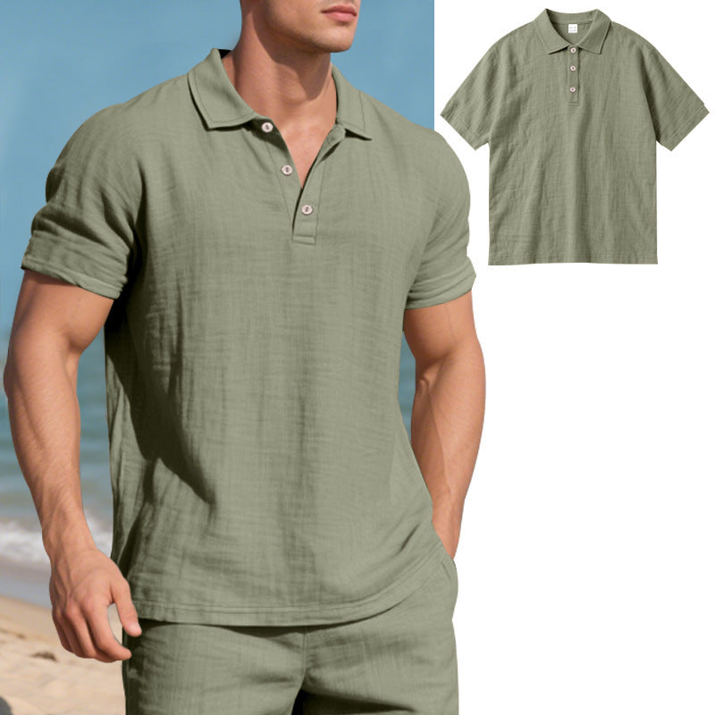 S-3XL Solid Color Linen Casual Lasel Buckle Polo Shirt Short Sleeve