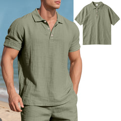 S-3XL Solid Color Linen Casual Lasel Buckle Polo Shirt Short Sleeve