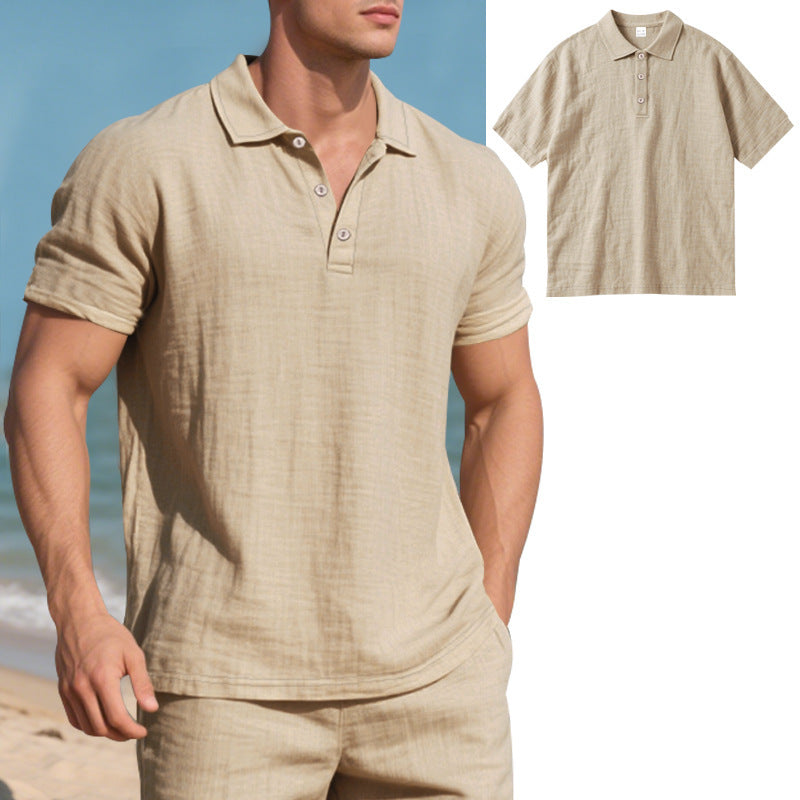S-3XL Solid Color Linen Casual Lasel Buckle Polo Shirt Short Sleeve