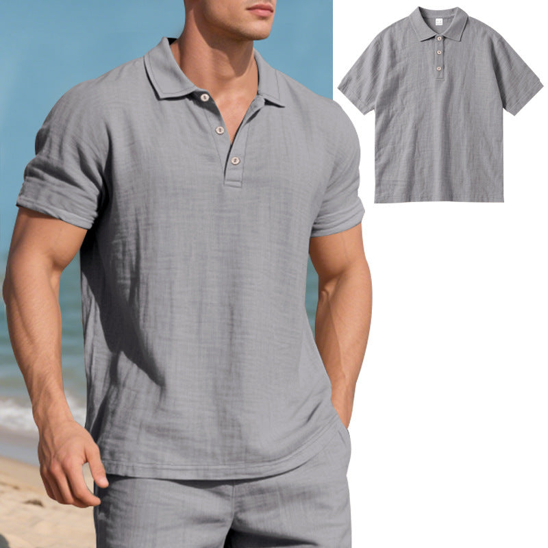 S-3XL Solid Color Linen Casual Lasel Buckle Polo Shirt Short Sleeve