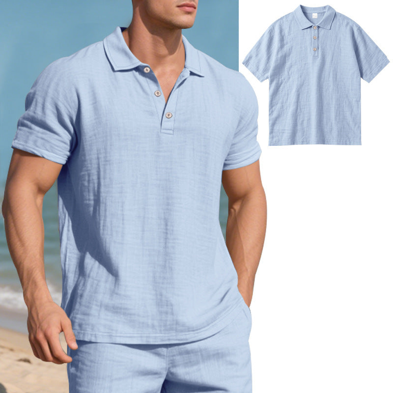S-3XL Solid Color Linen Casual Lasel Buckle Polo Shirt Short Sleeve