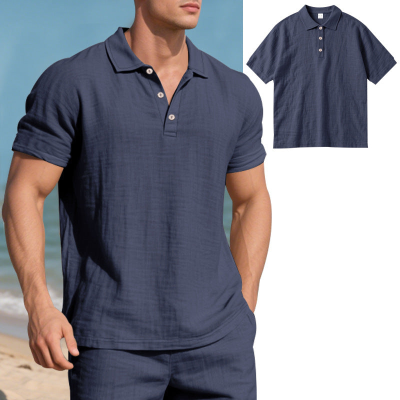 S-3XL Solid Color Linen Casual Lasel Buckle Polo Shirt Short Sleeve