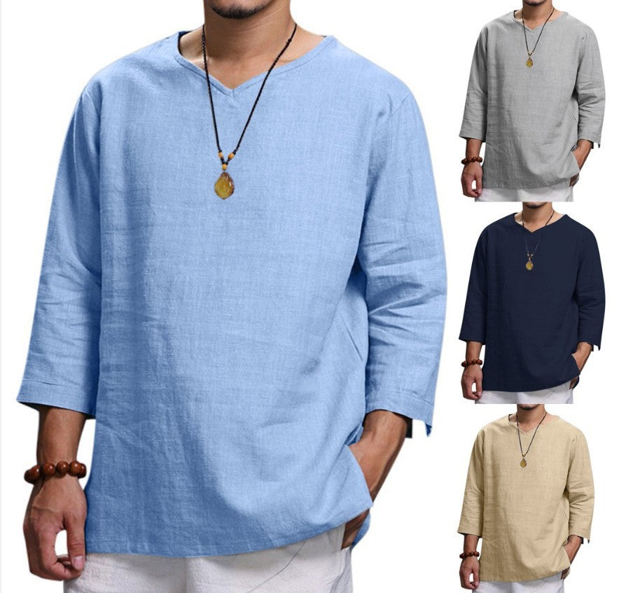 M-4XL Men's Long Sleeve V-Neck Cotton Linen Loose Shirt