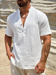 S-3XL Solid Color Breathable Stand Collar Short Sleeve Shirt