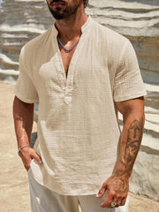 S-3XL Solid Color Breathable Stand Collar Short Sleeve Shirt