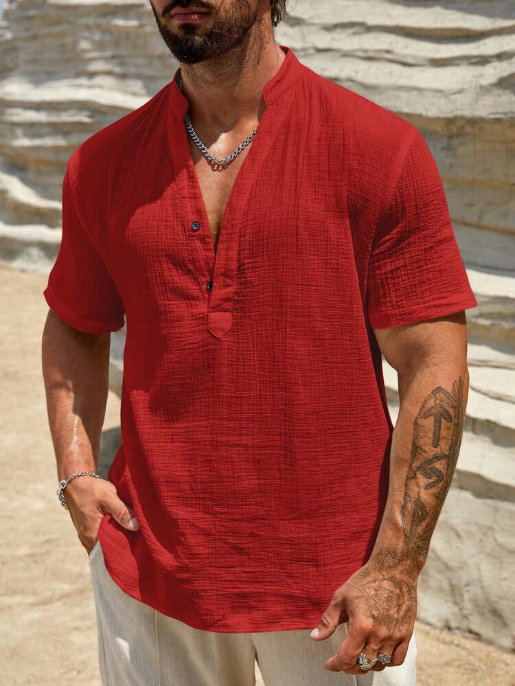 S-3XL Solid Color Breathable Stand Collar Short Sleeve Shirt