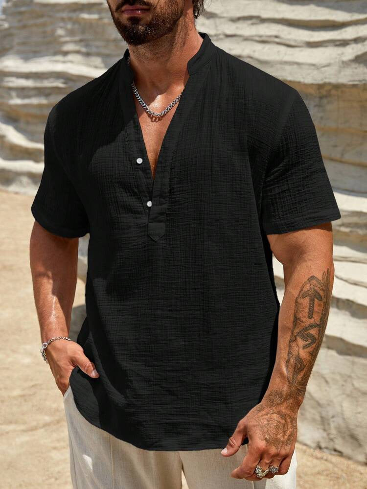 S-3XL Solid Color Breathable Stand Collar Short Sleeve Shirt